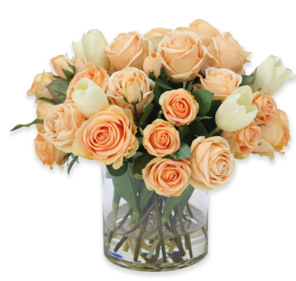 waterlook-r-peach-roses-and-tulips-centerpiece-in-vase