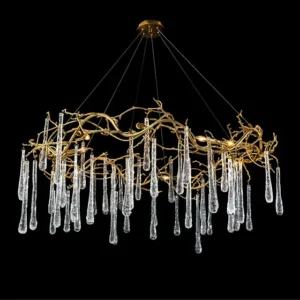 brass and glass teardrop eight-light chandelier