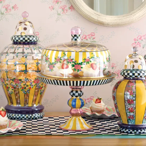Striped-Awning Cake Dome & Stand Set-
